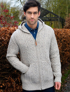 Mens Hooded Aran Cardigan - Oatmeal