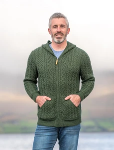 Mens Hooded Aran Cardigan - Army Green