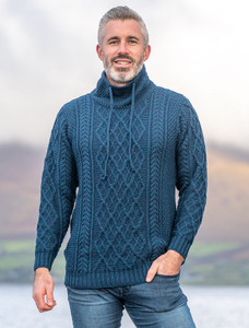 Mens Drawcord Collar Aran Sweater