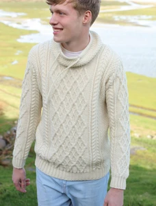 Mens Drawcord Collar Aran Sweater - Natural White