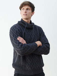 Mens Drawcord Collar Aran Sweater - Derby
