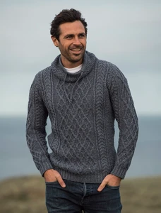 Mens Drawcord Collar Aran Sweater - Denim