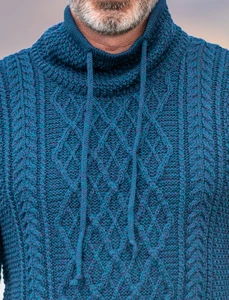 Mens Drawcord Collar Aran Sweater - Atlantic Detail