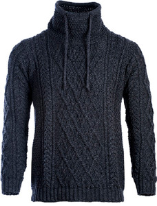 Mens Drawcord Collar Aran Sweater - Derby