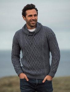 Mens Drawcord Collar Aran Sweater - Denim
