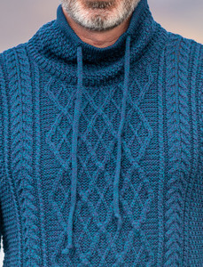 Mens Drawcord Collar Aran Sweater - Atlantic Detail