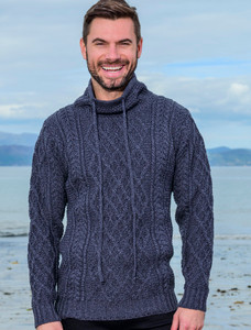 Mens Drawcord Collar Aran Sweater - Denim