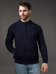Men's Full Zip Merino Aran Cardigan - Navy