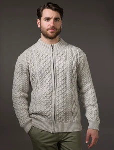Men's Full Zip Merino Aran Cardigan - Silver Marl