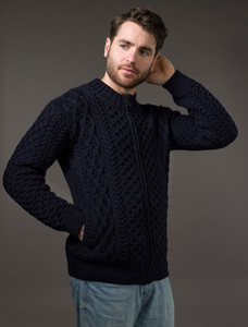 Men's Full Zip Merino Aran Cardigan - Navy