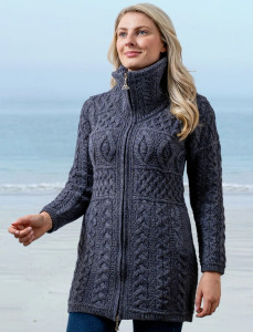 Double Collar Merino Aran Coat -Cormorant Blue