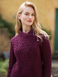 Cable Knit Jacket with Celtic Knot Side Zip - Wine