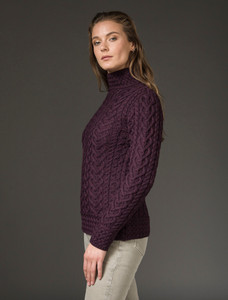 Super Soft Polo Neck Aran Sweater - Damson