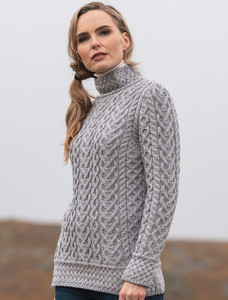 Super Soft Polo Neck Aran Sweater - Soft Grey