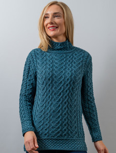 Super Soft Polo Neck Aran Sweater - Teal