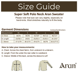 Super Soft Polo Neck Aran Sweater - Size Guide