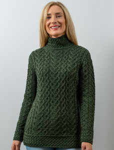 Super Soft Polo Neck Aran Sweater - Army Green