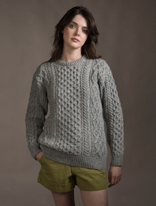 Women's Oversized Wool Cashmere Aran Sweater - Silver
