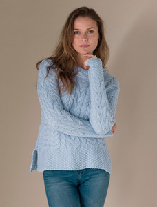 Women's Side Slit Tunic Aran Sweater - Ice Blue