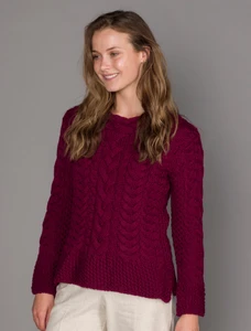 Women's Side Slit Tunic Aran Sweater - Claret