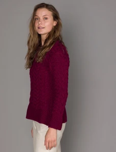 Women's Side Slit Tunic Aran Sweater - Claret