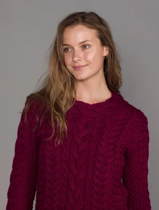 Women's Side Slit Tunic Aran Sweater - Claret