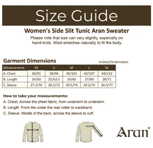 Women's Side Slit Tunic Aran Sweater - Size Guide