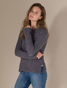 Women's Side Slit Tunic Aran Sweater - Steel Marl