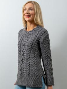 Women's Side Slit Tunic Aran Sweater - Graphite