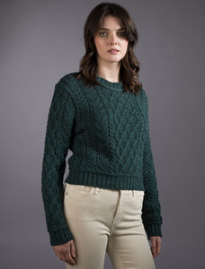 Ladies Cropped Aran Sweater - Evergreen