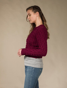 Ladies Cropped Aran Sweater - Claret