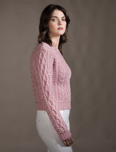 Ladies Cropped Aran Sweater - Pale Pink