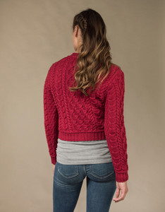 Ladies Cropped Aran Sweater - Red