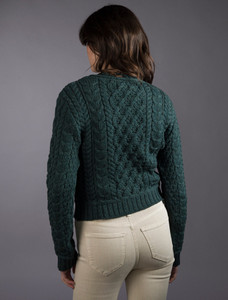Ladies Cropped Aran Sweater - Evergreen