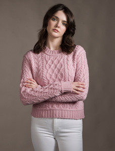 Ladies Cropped Aran Sweater - Pale Pink