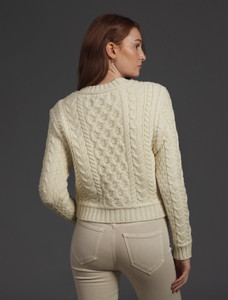 Ladies Cropped Aran Sweater - Natural White