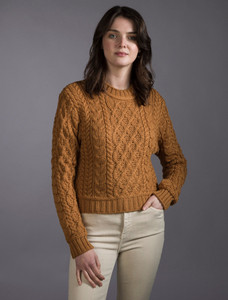 Ladies Cropped Aran Sweater - Golden Ochre