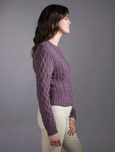 Ladies Cropped Aran Sweater - Warm Lavender