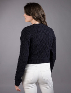 Ladies Cropped Aran Sweater - Navy