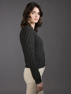 Ladies Cropped Aran Sweater - Graphite