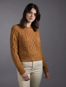 Ladies Cropped Aran Sweater - Golden Ochre