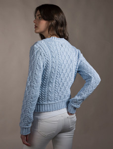 Ladies Cropped Aran Sweater - Ice Blue