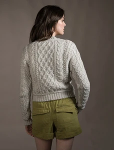 Ladies Cropped Aran Sweater - Silver Marl
