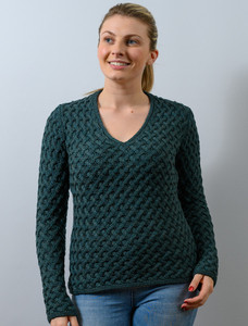 Open Neck Merino Trellis Sweater - Evergreen