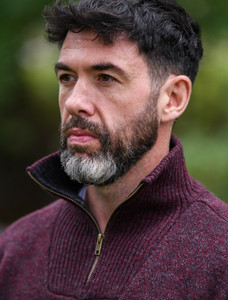 Mens Half Zip Irish Wool Sweater  - Claret Marl