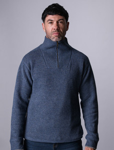 Mens Half Zip Irish Wool Sweater - Blue Stone
