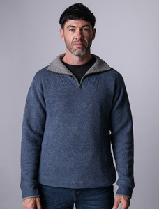 Mens Half Zip Irish Wool Sweater - Blue Stone