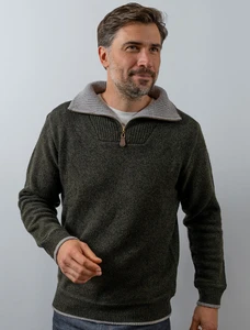 Mens Half Zip Irish Wool Sweater - Green Marl