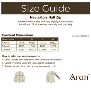 Mens Half Zip Irish Wool Sweater - Size Guide