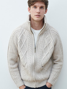 Hand Knit Zipper Cardigan with Pockets - White